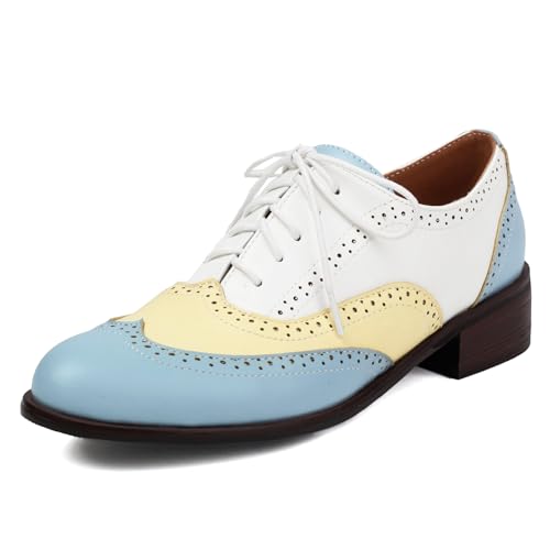 Galindopia Unisex Oxford Schuhe Damen Two Tone Perforated Wingtip Brogue Retro Low Heel Schnüren Saddle Schuhe Spectator Crown Lack Blue Plus Size 43 von Galindopia