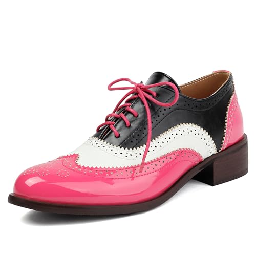 Galindopia Unisex Oxford Schuhe Damen Two Tone Perforated Wingtip Brogue Retro Low Heel Schnüren Saddle Schuhe Spectator Crown Lack Cherry Plus Size 47 von Galindopia