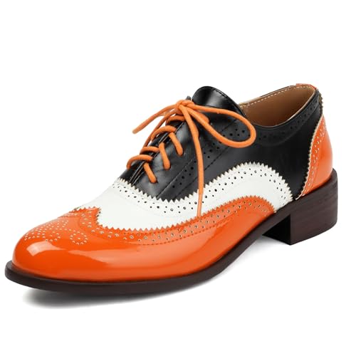 Galindopia Unisex Oxford Schuhe Damen Two Tone Perforated Wingtip Brogue Retro Low Heel Schnüren Saddle Schuhe Spectator Crown Lack Orange Plus Size 38 von Galindopia