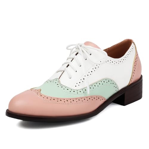 Galindopia Unisex Oxford Schuhe Damen Two Tone Perforated Wingtip Brogue Retro Low Heel Schnüren Saddle Schuhe Spectator Crown Lack Pink Plus Size 38 von Galindopia