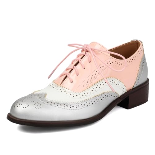 Galindopia Unisex Oxford Schuhe Damen Two Tone Perforated Wingtip Brogue Retro Low Heel Schnüren Saddle Schuhe Spectator Crown Lack Pink Plus Size 43 von Galindopia