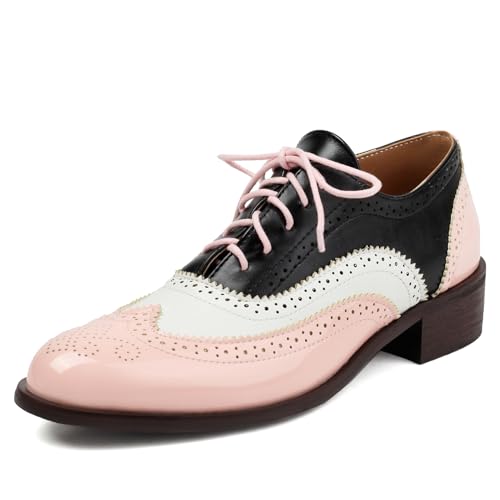 Galindopia Unisex Oxford Schuhe Damen Two Tone Perforated Wingtip Brogue Retro Low Heel Schnüren Saddle Schuhe Spectator Crown Lack Pink Plus Size 44 von Galindopia