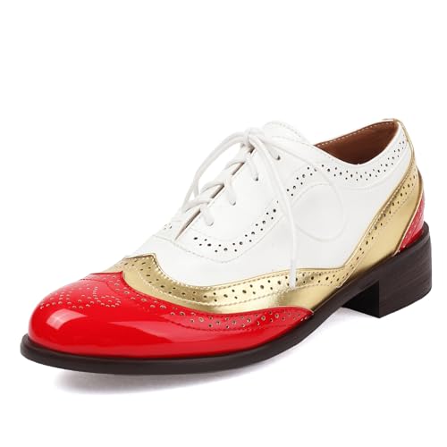 Galindopia Unisex Oxford Schuhe Damen Two Tone Perforated Wingtip Brogue Retro Low Heel Schnüren Saddle Schuhe Spectator Crown Lack Red Plus Size 40 von Galindopia