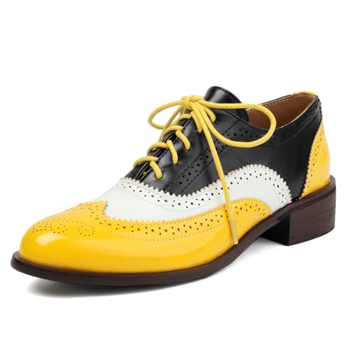 Galindopia Unisex Oxford Schuhe Damen Two Tone Perforated Wingtip Brogue Retro Low Heel Schnüren Saddle Schuhe Spectator Crown Lack Yellow Plus Size 38 von Galindopia
