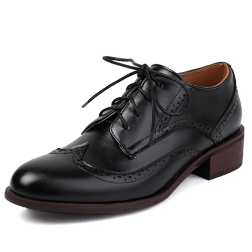 Galindopia Unisex Oxford Schuhe Damen Two Tone Perforated Wingtip Brogue Retro Low Heel Schnüren Saddle Schuhe Spectator Crown Suits Black Plus Size 42 von Galindopia
