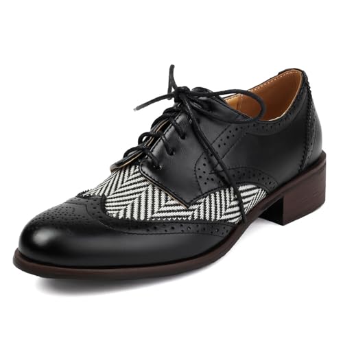 Galindopia Unisex Oxford Schuhe Damen Two Tone Perforated Wingtip Brogue Retro Low Heel Schnüren Saddle Schuhe Spectator Crown Suits Black Plus Size 47 von Galindopia