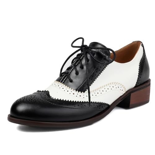 Galindopia Unisex Oxford Schuhe Damen Two Tone Perforated Wingtip Brogue Retro Low Heel Schnüren Saddle Schuhe Spectator Crown Suits Black Plus Size 47 von Galindopia