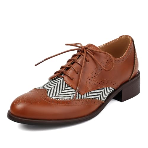 Galindopia Unisex Oxford Schuhe Damen Two Tone Perforated Wingtip Brogue Retro Low Heel Schnüren Saddle Schuhe Spectator Crown Suits Brown Plus Size 38 von Galindopia