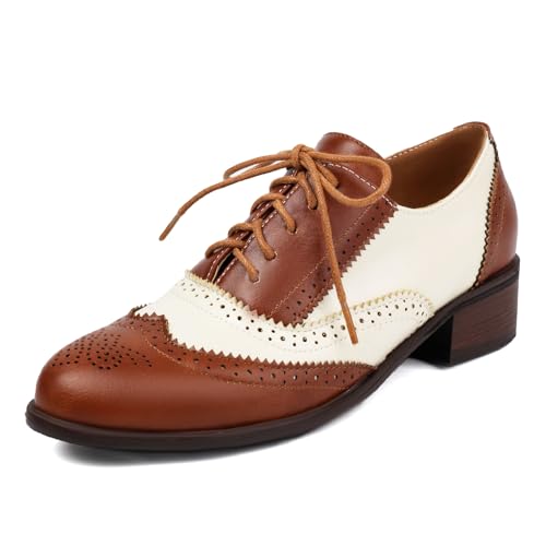 Galindopia Unisex Oxford Schuhe Damen Two Tone Perforated Wingtip Brogue Retro Low Heel Schnüren Saddle Schuhe Spectator Crown Suits Brown Plus Size 40 von Galindopia
