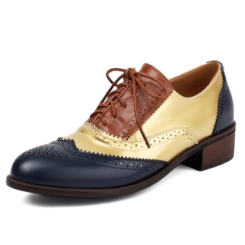 Galindopia Unisex Oxford Schuhe Damen Two Tone Perforated Wingtip Brogue Retro Low Heel Schnüren Saddle Schuhe Spectator Crown Suits Gold Plus Size 41 von Galindopia