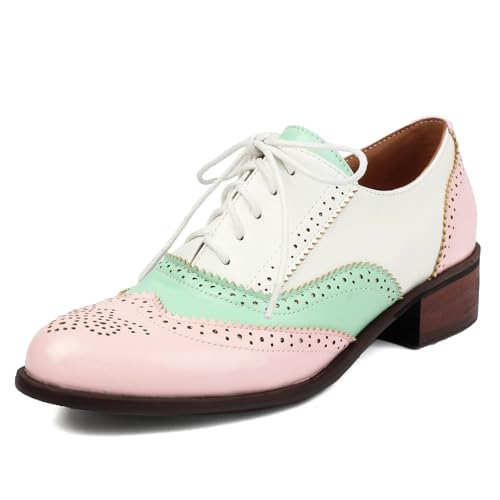 Galindopia Unisex Oxford Schuhe Damen Two Tone Perforated Wingtip Brogue Retro Low Heel Schnüren Saddle Schuhe Spectator Crown Suits Pink Plus Size 39 von Galindopia
