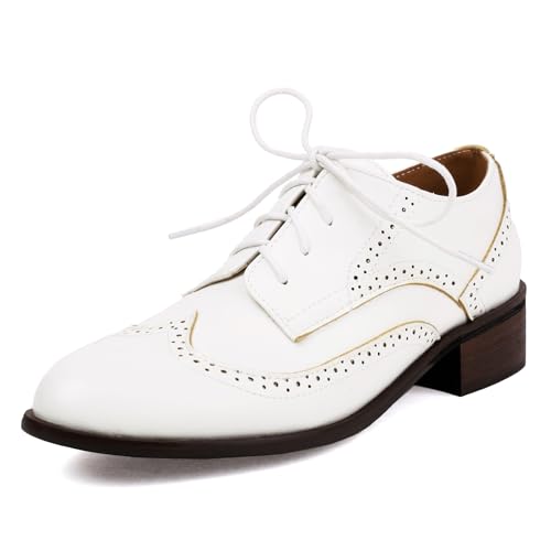 Galindopia Unisex Oxford Schuhe Damen Two Tone Perforated Wingtip Brogue Retro Low Heel Schnüren Saddle Schuhe Spectator Crown Suits White Plus Size 47 von Galindopia