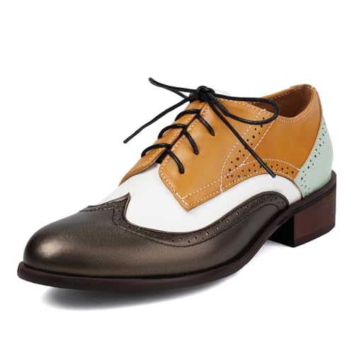 Galindopia Unisex Oxford Schuhe Damen Two Tone Perforated Wingtip Brogue Retro Low Heel Schnüren Saddle Schuhe Spectator Crown Suits White-Yellow Plus Size 47 von Galindopia