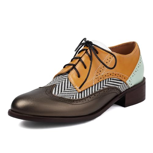 Galindopia Unisex Oxford Schuhe Damen Two Tone Perforated Wingtip Brogue Retro Low Heel Schnüren Saddle Schuhe Spectator Crown Suits Yellow-Grey Plus Size 41 von Galindopia