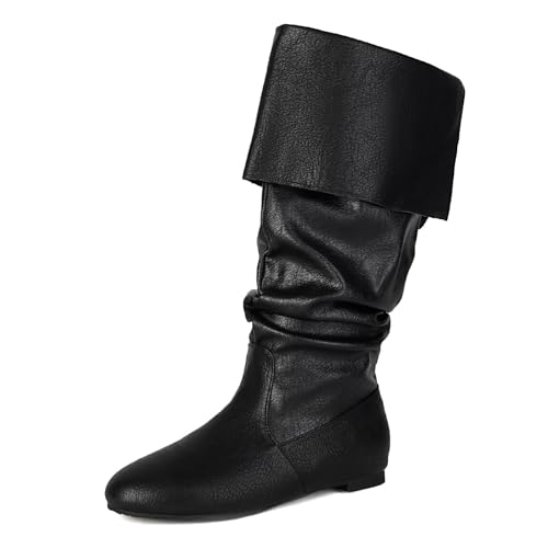 Galindopia Unisex Renaissance Faire Cosplay Schuhe Jahrgang Mid Stiefel Fold Over Medieval Herren Costume Witch Pirate Viking Tied Schuhe Flach Victorian Stiefel Black Size 41 von Galindopia