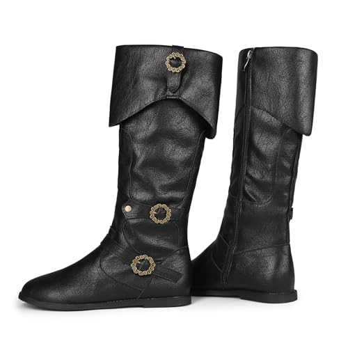 Galindopia Unisex Renaissance Faire Cosplay Schuhe Jahrgang Mid Stiefel Fold Over Medieval Herren Costume Witch Pirate Viking Tied Schuhe Flach Victorian Stiefel Black Size 44 von Galindopia