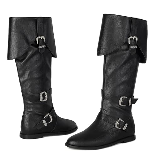Galindopia Unisex Renaissance Faire Cosplay Schuhe Jahrgang Mid Stiefel Fold Over Medieval Herren Costume Witch Pirate Viking Tied Schuhe Flach Victorian Stiefel Black Size 46 von Galindopia