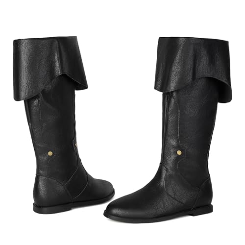 Galindopia Unisex Renaissance Faire Cosplay Schuhe Jahrgang Mid Stiefel Fold Over Medieval Herren Costume Witch Pirate Viking Tied Schuhe Flach Victorian Stiefel Black Size 48 von Galindopia