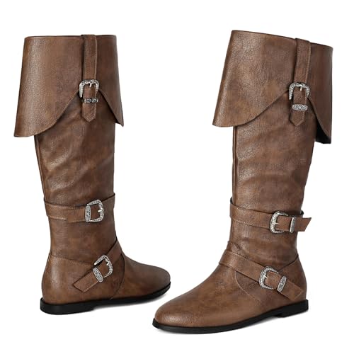 Galindopia Unisex Renaissance Faire Cosplay Schuhe Jahrgang Mid Stiefel Fold Over Medieval Herren Costume Witch Pirate Viking Tied Schuhe Flach Victorian Stiefel Brown Size 44 von Galindopia