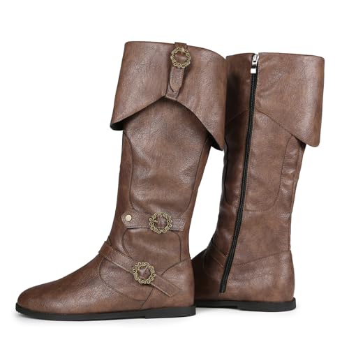 Galindopia Unisex Renaissance Faire Cosplay Schuhe Jahrgang Mid Stiefel Fold Over Medieval Herren Costume Witch Pirate Viking Tied Schuhe Flach Victorian Stiefel Brown Size 45 von Galindopia