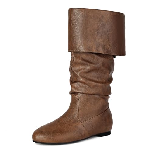 Galindopia Unisex Renaissance Faire Cosplay Schuhe Jahrgang Mid Stiefel Fold Over Medieval Herren Costume Witch Pirate Viking Tied Schuhe Flach Victorian Stiefel Brown Size 46 von Galindopia