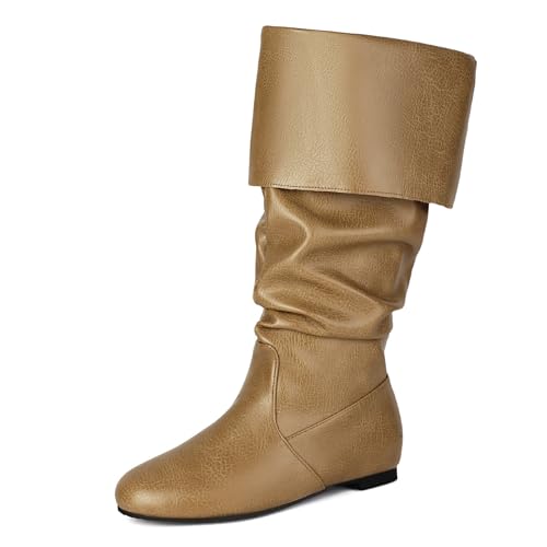 Galindopia Unisex Renaissance Faire Cosplay Schuhe Jahrgang Mid Stiefel Fold Over Medieval Herren Costume Witch Pirate Viking Tied Schuhe Flach Victorian Stiefel Yellow Size 42 von Galindopia