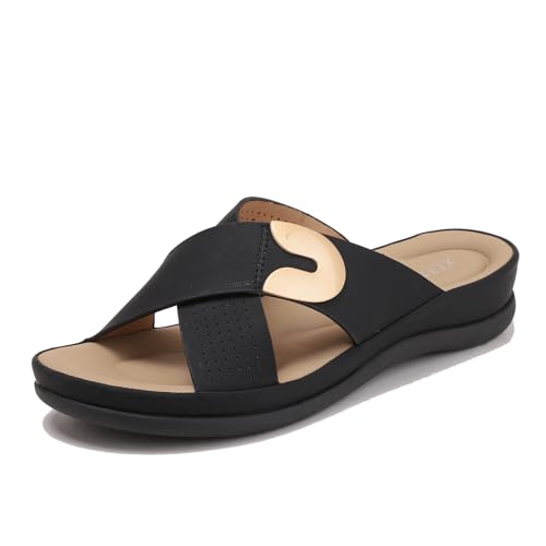 Galindopia Wedge Heel Cross Strap Slide Slide Casual Ohne Verschluss Arch Support Orthopetic Footbed Cushioned Gemütlich Strand Vacation Walking Schuhe Black Size 40 von Galindopia