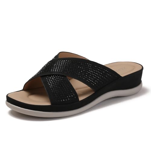 Galindopia Wedge Heel Cross Strap Slide Slide Casual Ohne Verschluss Arch Support Orthopetic Footbed Cushioned Gemütlich Strand Vacation Walking Schuhe Black Size 40 von Galindopia