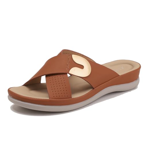 Galindopia Wedge Heel Cross Strap Slide Slide Casual Ohne Verschluss Arch Support Orthopetic Footbed Cushioned Gemütlich Strand Vacation Walking Schuhe Brown Size 40 von Galindopia
