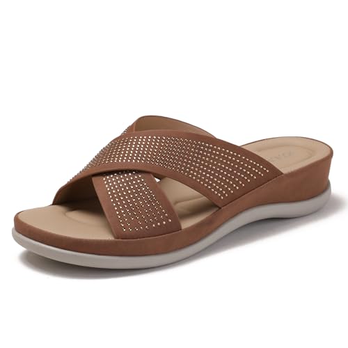 Galindopia Wedge Heel Cross Strap Slide Slide Casual Ohne Verschluss Arch Support Orthopetic Footbed Cushioned Gemütlich Strand Vacation Walking Schuhe Brown Size 40 von Galindopia