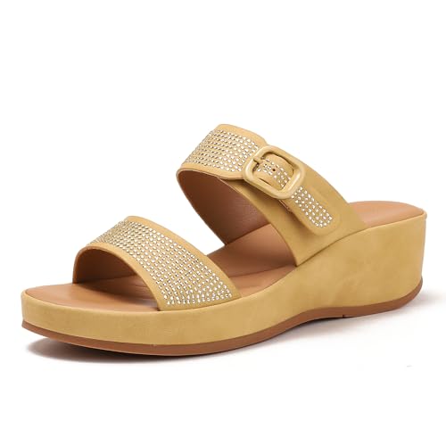 Galindopia Wedge Heel Slide Slide Double Strappy Casual Ohne Verschluss Arch Support Orthopetic Footbed Cushioned Gemütlich Strand Vacation Walking Schuhe Yellow Size 40 von Galindopia