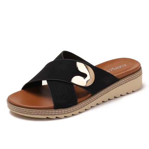 Galindopia Wedge Mid Heel Slide Slide Casual Ohne Verschluss Arch Support Orthopetic Footbed Cushioned Gemütlich Strand Vacation Walking Schuhe Black Size 41 von Galindopia