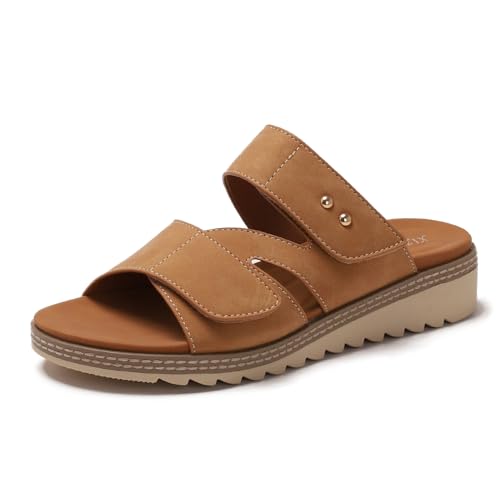 Galindopia Wedge Mid Heel Slide Slide Casual Ohne Verschluss Arch Support Orthopetic Footbed Cushioned Gemütlich Strand Vacation Walking Schuhe Camel Size 38 von Galindopia
