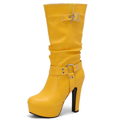 Galindopia Yellow Plateau Slouch Stiefel Mid Calf für Damen Block Heels Wide Calf Schnalle Gotisch Punk Knight Biker Half Botines de Mujer Size 38 Galindopia Yellow Plateau Slouch Stiefel Mid Calf für Damen Block Heels Wide Calf Schnalle Gotisch Punk Knight Biker Half Botines de Mujer Size 38 von Galindopia