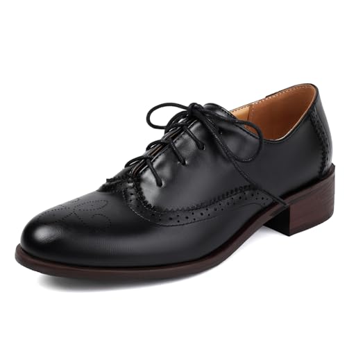 Unisex Oxford Schuhe Damen Solid Perforated Wingtip Brogue Retro Low Heel Schnüren Saddle Schuhe Spectator Crown Suits Black Plus Size 38 von Galindopia