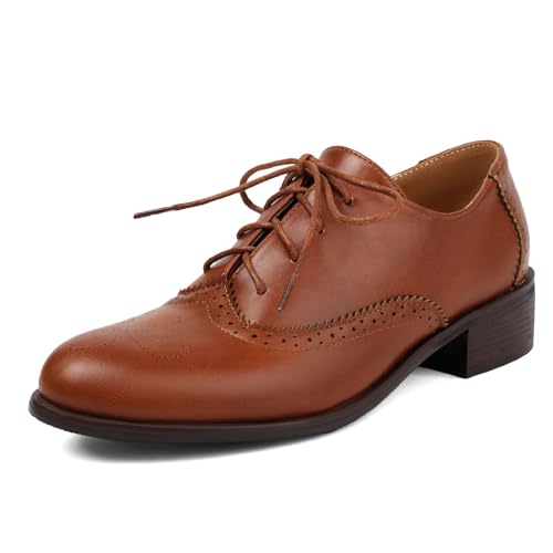 Unisex Oxford Schuhe Damen Solid Perforated Wingtip Brogue Retro Low Heel Schnüren Saddle Schuhe Spectator Crown Suits Brown Plus Size 41 von Galindopia
