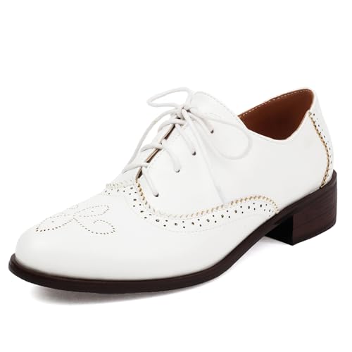 Unisex Oxford Schuhe Damen Solid Perforated Wingtip Brogue Retro Low Heel Schnüren Saddle Schuhe Spectator Crown Suits White Plus Size 38 von Galindopia