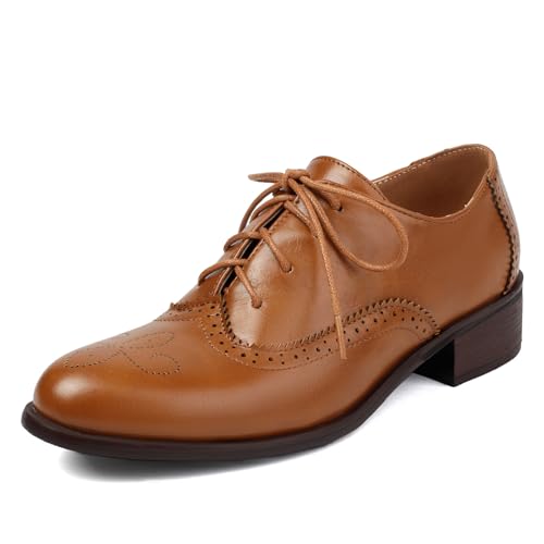 Unisex Oxford Schuhe Damen Solid Perforated Wingtip Brogue Retro Low Heel Schnüren Saddle Schuhe Spectator Crown Suits Yellow Plus Size 42 von Galindopia