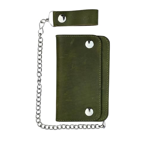 Gallanto Biker-Geldbörse für Herren mit Kette – Crazy Horse Rindsleder – Bifold/Trifold Herren-Geldbörse – 33 cm Kette – 15,2 cm & 17,8 cm Größe – Leder-Kartenhalter, grün, 15,2 cm, Einfarbig von Gallanto