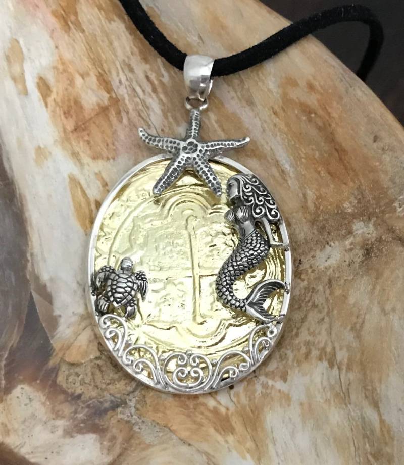 Meerjungfrau Anhänger Schildkröte, Stardish Atocha Münze Gold-Overlay-Silber-Schatz-Schmuck von GalleonTreasureShop