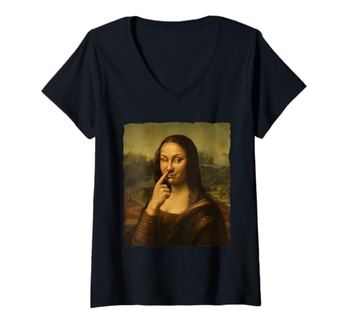 Damen Mona Lisa Nasenpicking Lustiger Humor Sarkastische Meme-Grafik T-Shirt mit V-Ausschnitt Damen Mona Lisa Nasenpicking Lustiger Humor Sarkastische Meme-Grafik T-Shirt mit V-Ausschnitt von Gallery Giggles