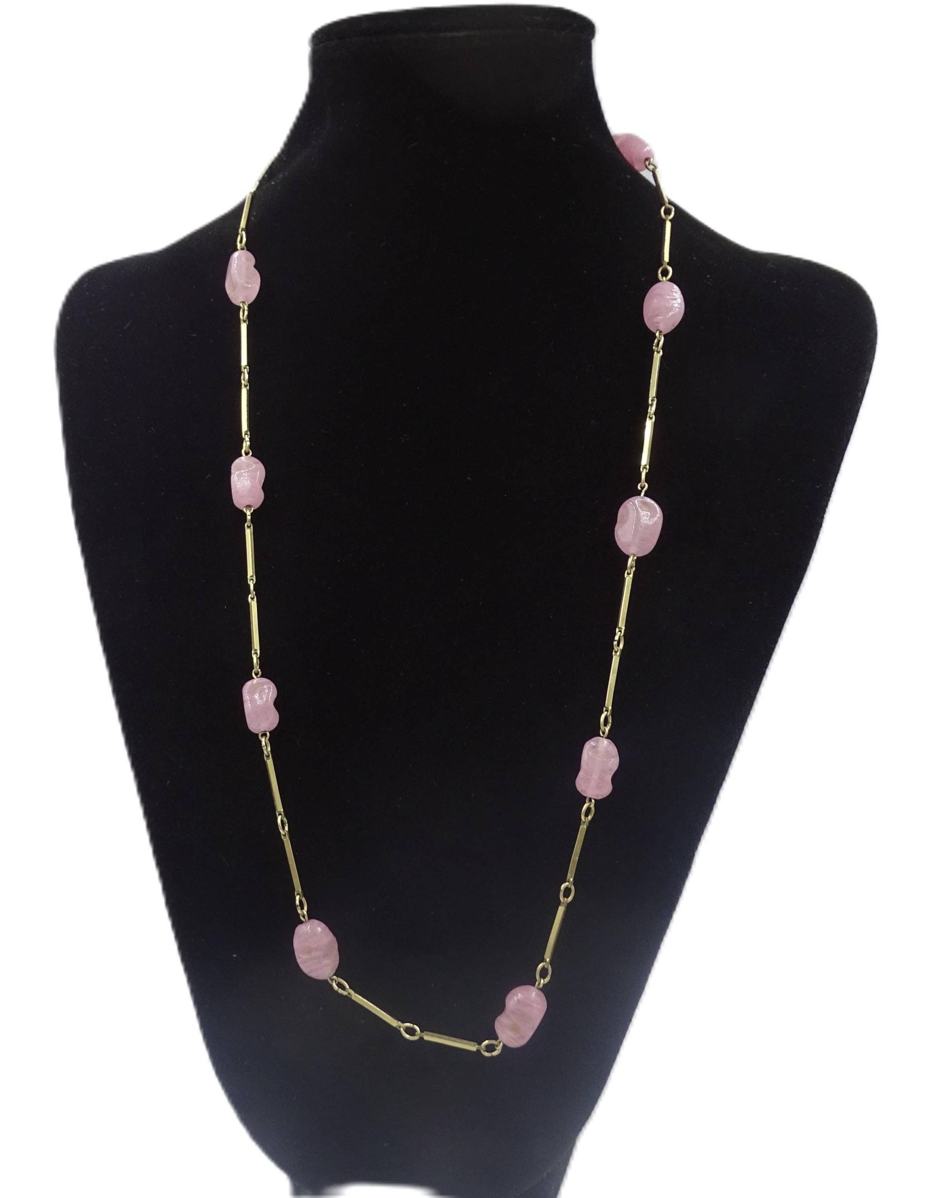 Art Deco Hübsche Alte Goldfarbene Halskette Mit Rosenquarz - Amerik Gestempelt von GalleryJarrodi