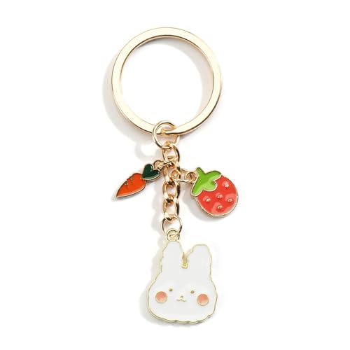 Gallkeat Schlüsselanhänger Hase mit Erdbeer Karotten Design, Bag Charm für Mädchen, Taschenanhänger, Erdbeer Keychain Cute von Gallkeat