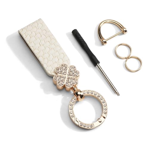 Leder Auto Schlüsselanhänger,Universal Schlüsselband mit Kleeblatt Anhänger, Glücksbringer Anhänge, Schlüsselring für Motorrad Wohnungschlüssel, mit Anti Lost D Ring und 1 Schraubendreher (Weiß) von Gallkeat