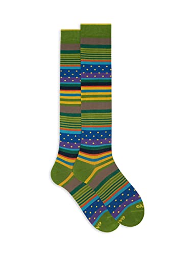 Gallo Men's long cactus green cotton socks with stripes and polka dots. von Gallo