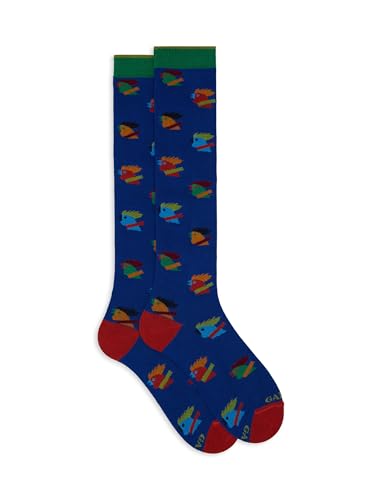 Gallo Women’s long blue cotton socks with multicoloured hen motif von Gallo