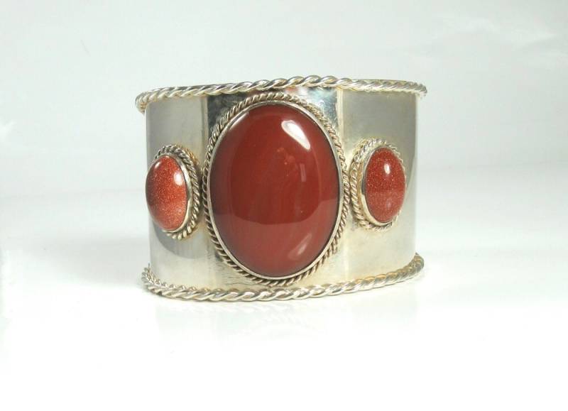 Sterling Silber Sardonyx & Gold Stein Manschette Armband - Statement Schmuck von GallunFineJewelry