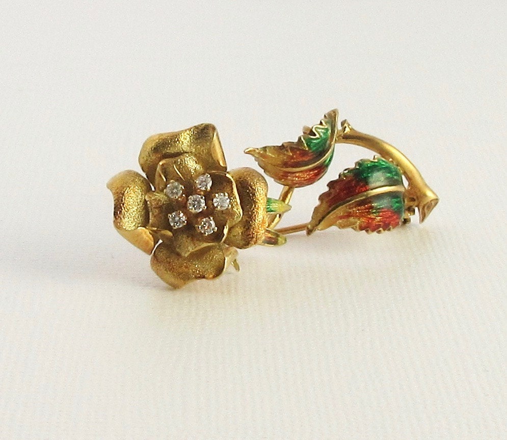 Vintage 18K Gold Diamant Rose Pin Emaille Blumen Brosche von GallunFineJewelry