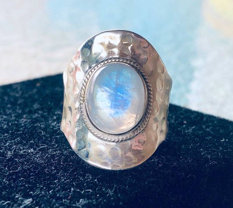 Regenbogen Mondstein Ring in Sterling Silber, Größe 8, 5 von Galocher