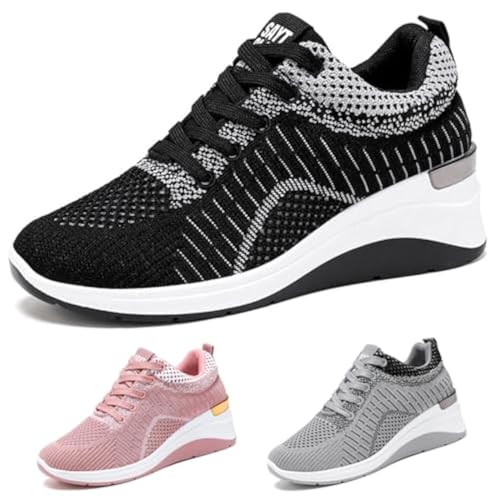 Galonfulty Damen Gestrickte Mesh Wedge Schnürschuhe Sportschuhe mit Fußgewölbeunterstützung Bequeme Erhöhte Dicke Lässige Orthopädische Walkingschuhe Outdoor rutschfeste Leichte Laufschuhe von Galonfulty